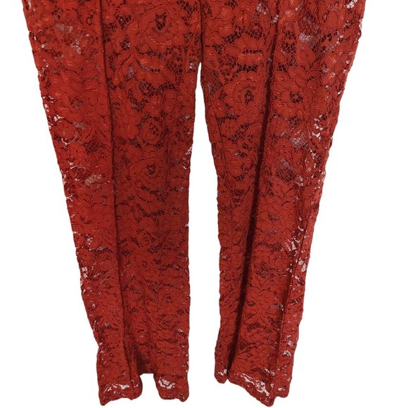 Bebe Womens 4 Red Floral Lace High Rise Sheer Wide Leg Trouser Pants Pockets - Picture 4 of 10